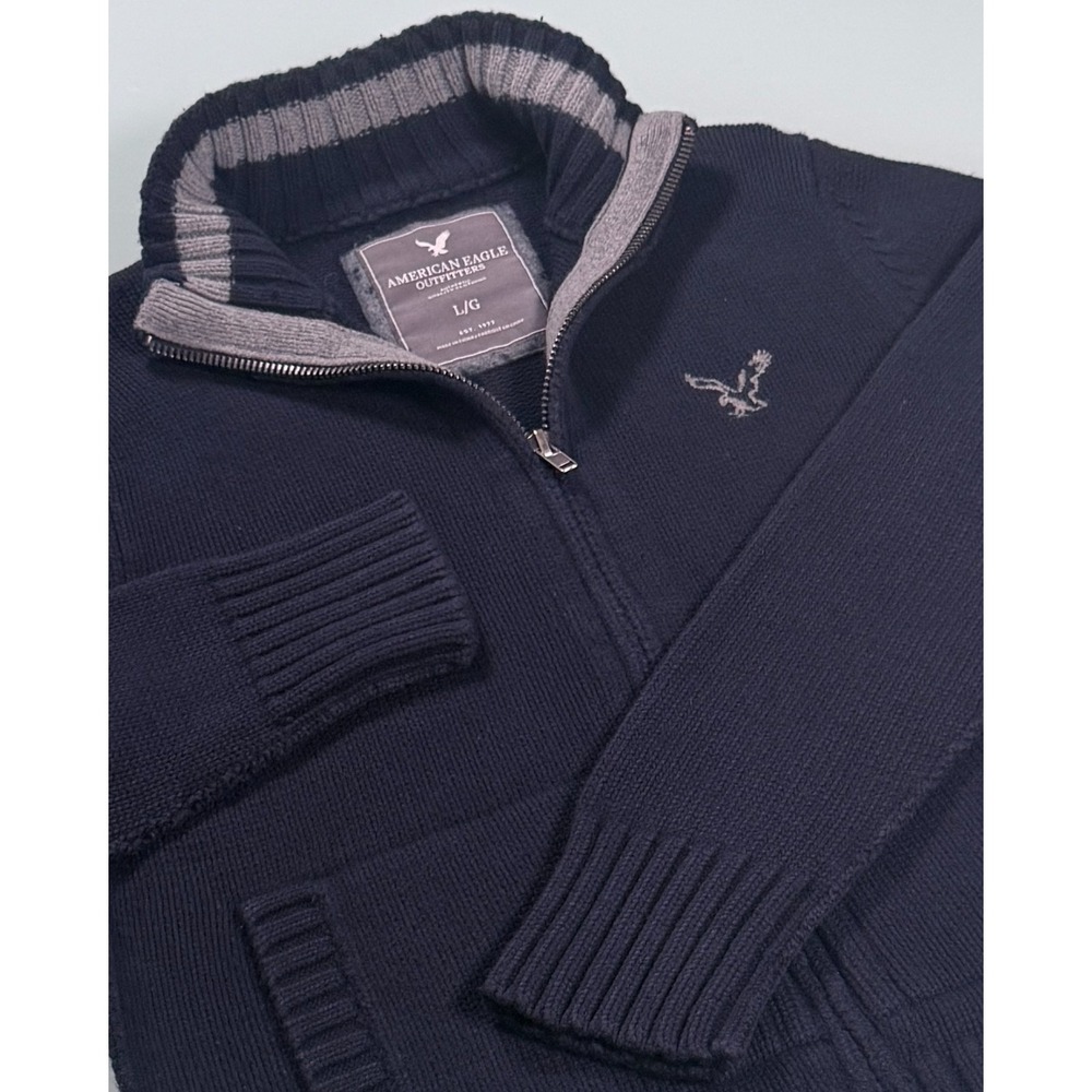 VTG Y2K American Eagle Mens Large Blue Full Zip Sweater Knit jacket Mock Neck